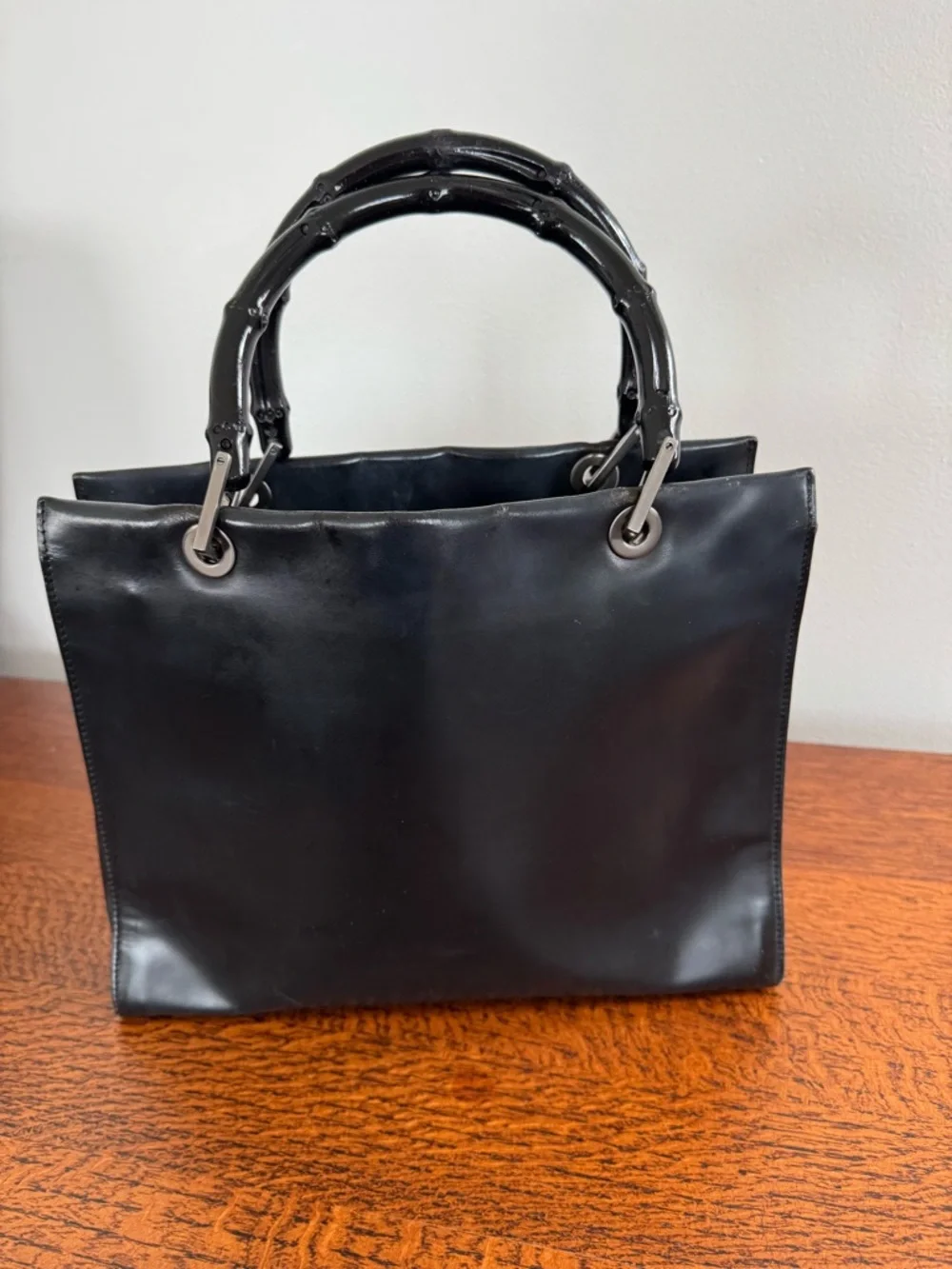 Vintage Gucci Black Leather Satchel with Bamboo Top Handles with COA